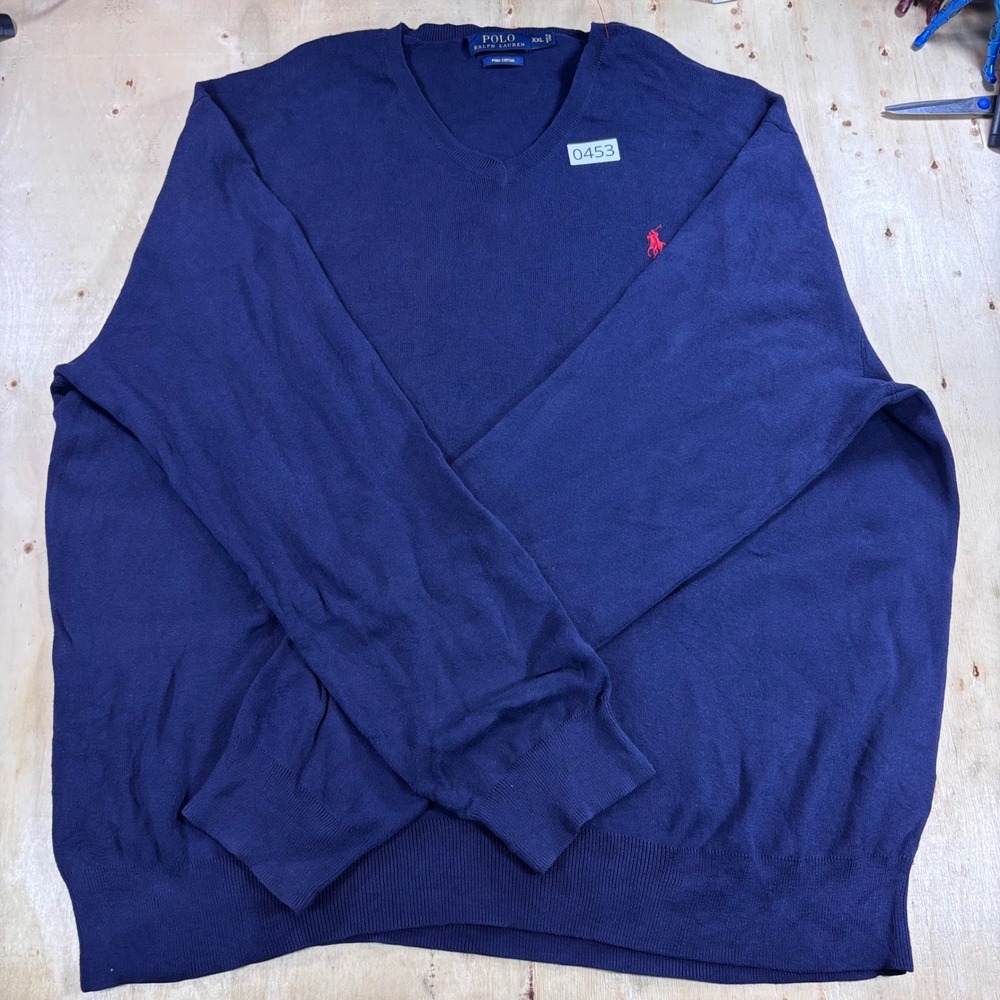 Polo Ralph Lauren Mens XXL Pima Cotton V Neck Sweater Navy Blue Red Pony